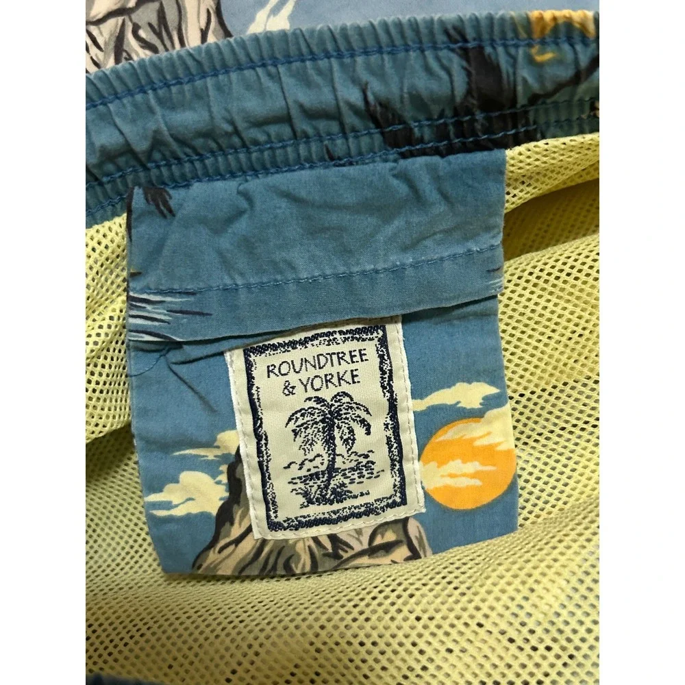 Roundtree & Yorke Mens Y2K Blue Tropical Island Palm Tree Swim Trunks Size M